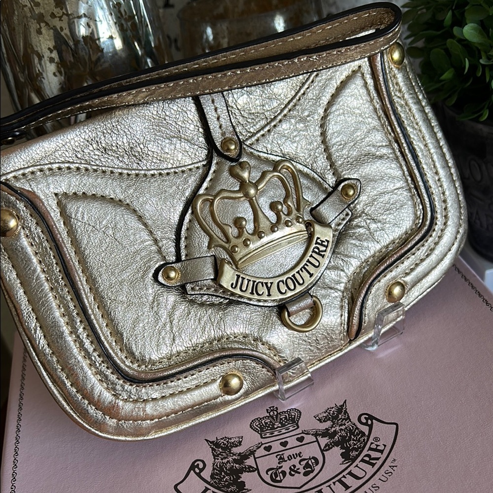 Vintage Juicy Couture Metallic Platinum/Gold wristlet with Iconic crown and logo